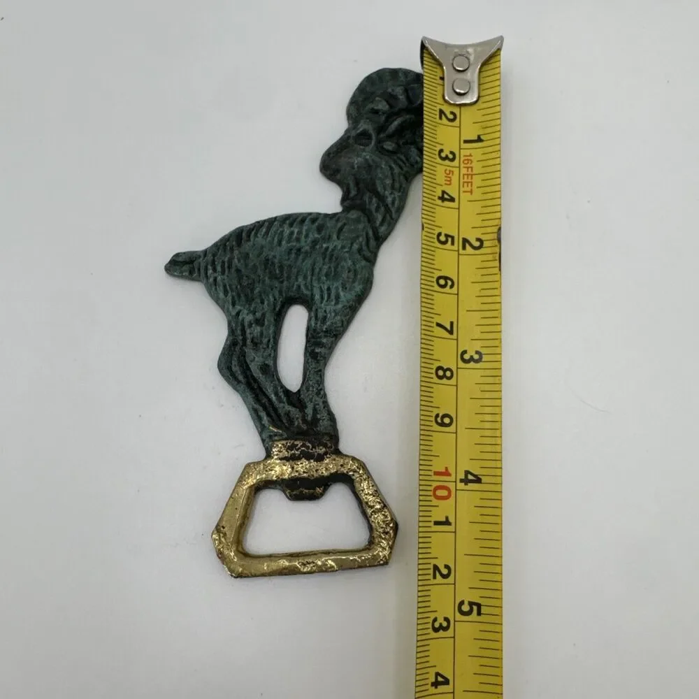 Vintage Brass / Green Ram Goat Bottle Opener VTG Capricorn Bottle Opener 4.75”